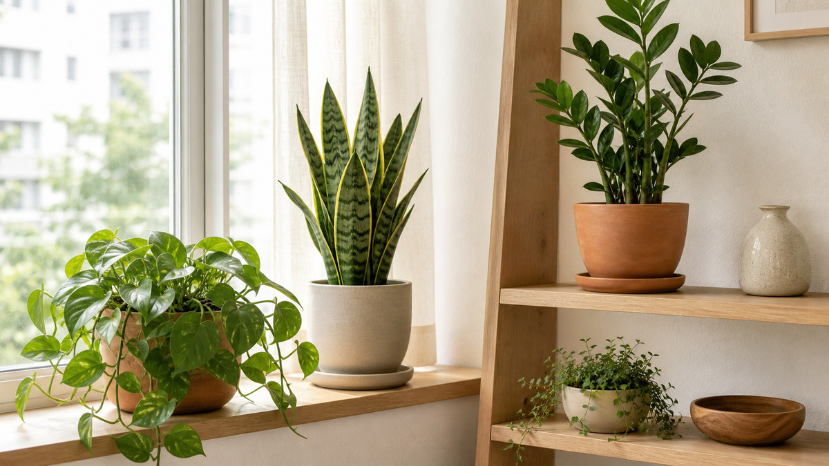 明るい窓辺の木製シェルフに並んだ初心者向けの観葉植物