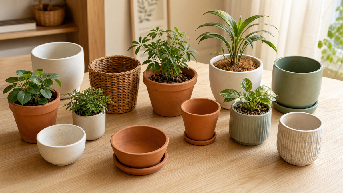 木の棚に並んだ素材違いの観葉植物用の鉢