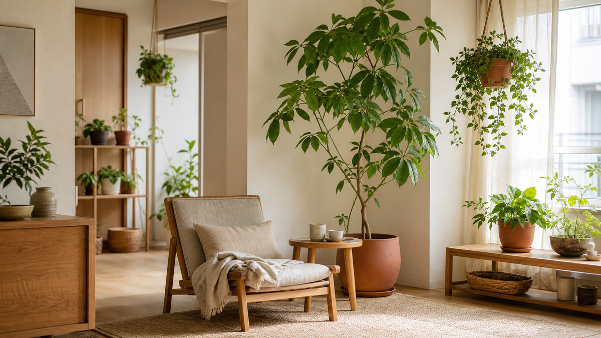 観葉植物を複数配置した木の家具と自然光が入る落ち着いたリビング