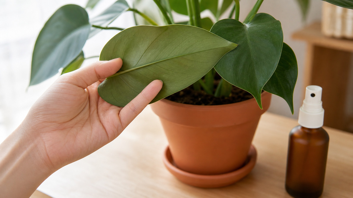 観葉植物の葉の裏側を確認する手元のクローズアップ