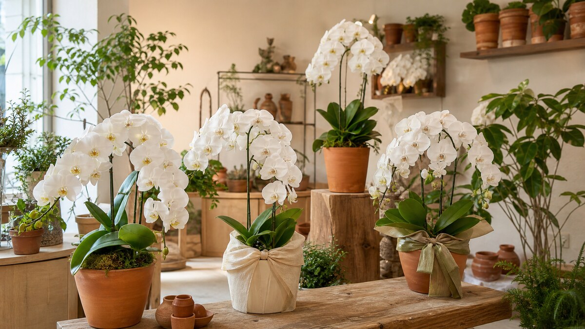 白い胡蝶蘭の鉢植えが並ぶ明るいギフトショップの店内